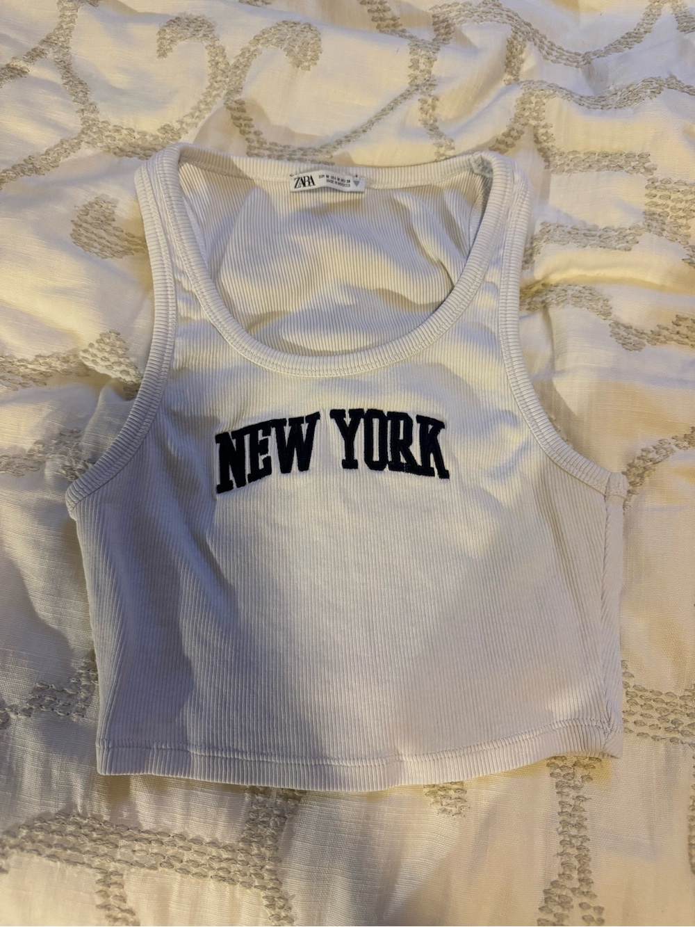 Zara White Ribbed Crop Tank with Black 'NEW YORK' Applique